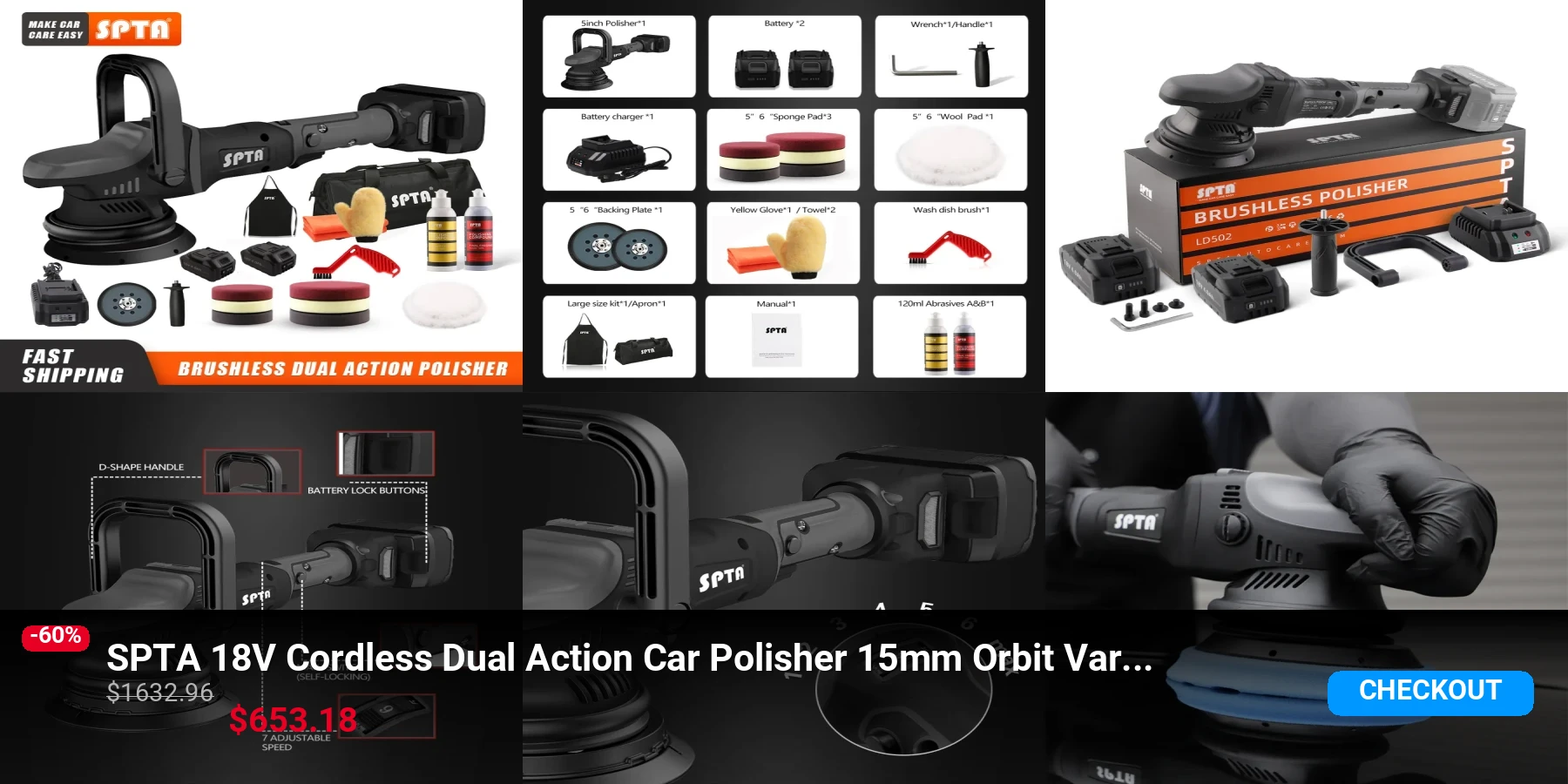 SPTA 18V Cordless Dual Action Car Polisher 15mm Orbit Variable Speed Machine with Two 4000Ahm Battery for Polishing Waxing