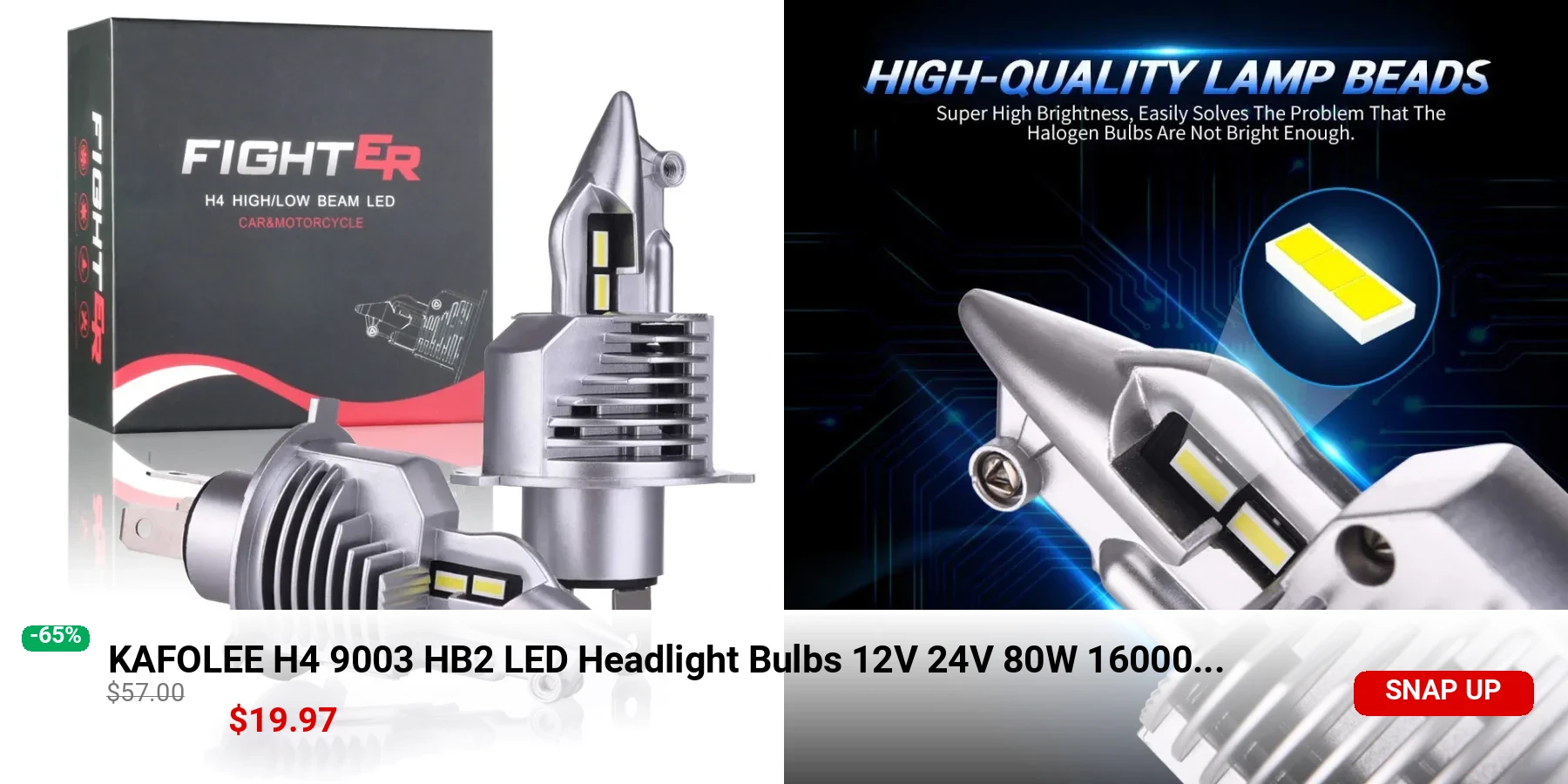 KAFOLEE H4 9003 HB2 LED Headlight Bulbs 12V 24V 80W 16000LM Diode Lamps LED H4 4300K For Cars High Beam Dipped Beam 6000K 8000K