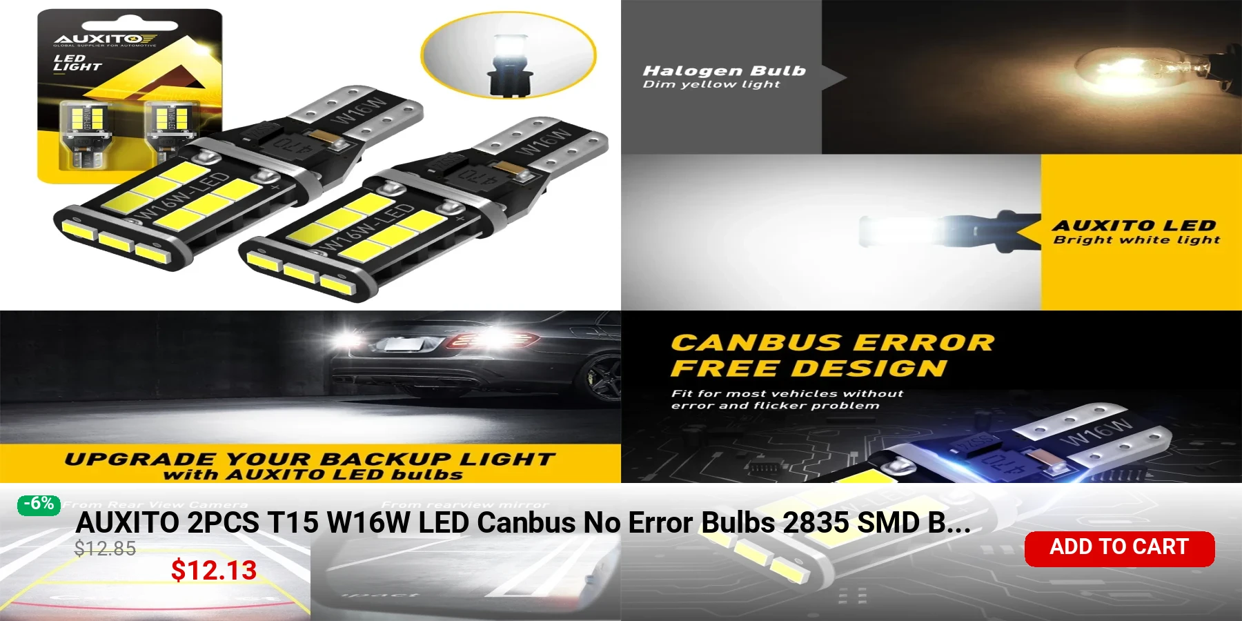 AUXITO 2PCS T15 W16W LED Canbus No Error Bulbs 2835 SMD Backup Reverse Light 921 912 Bulb Car Reversing Lamp Xenon 6000K White
