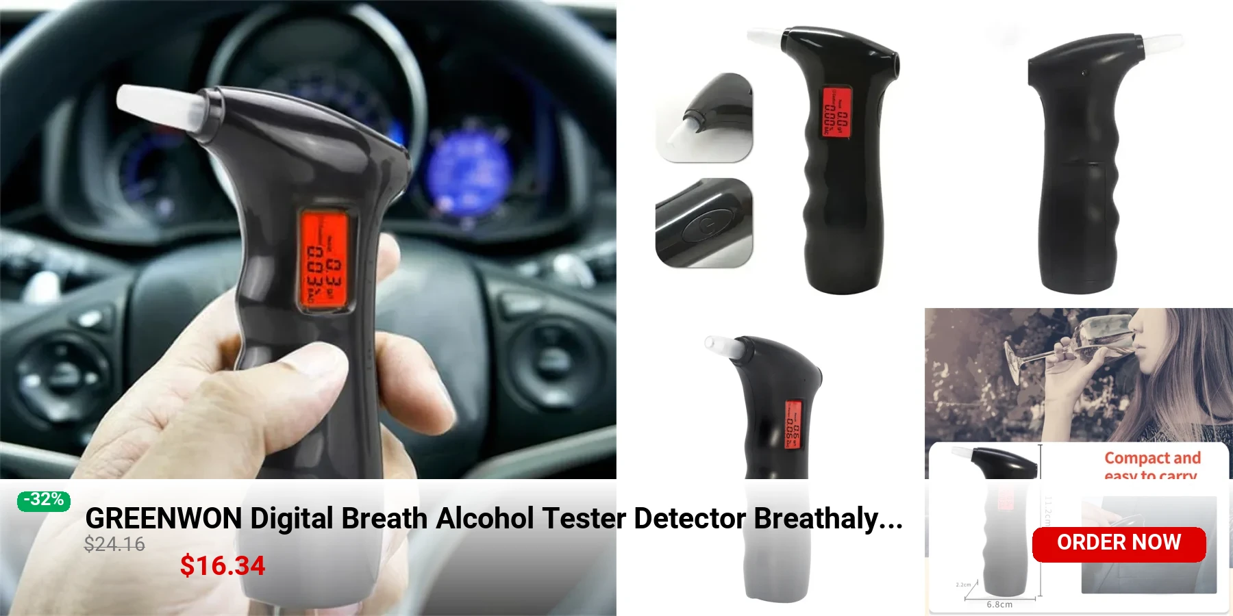 GREENWON Digital Breath Alcohol Tester Detector Breathalyzer Portable with Mouthpieces