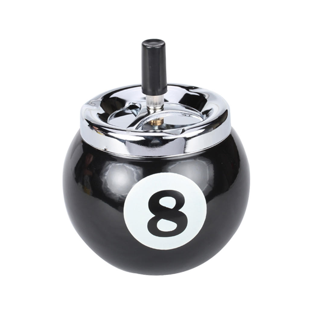 No. 8 Black Billiard Ball Shape Ashtray Push Button Metal 8.89x9.6cm