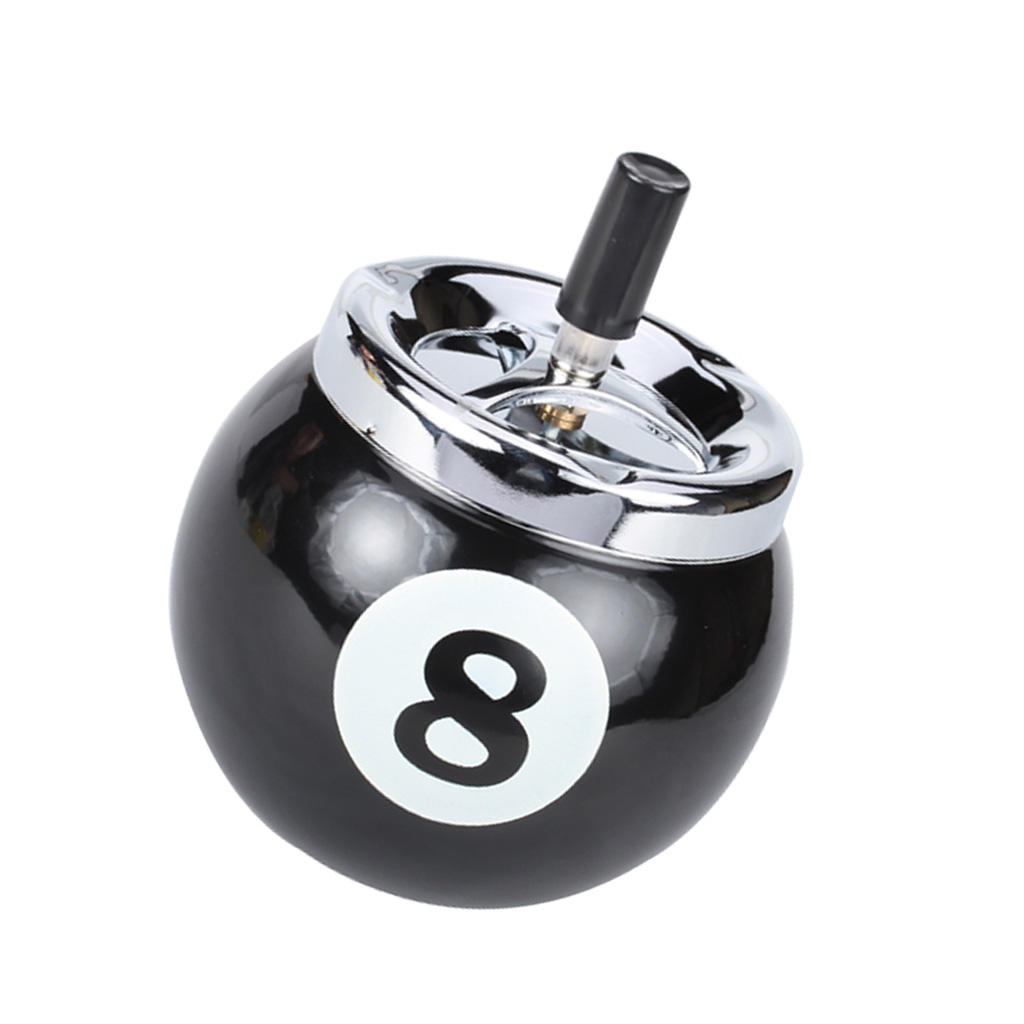 No. 8 Black Billiard Ball Shape Ashtray Push Button Metal 8.89x9.6cm