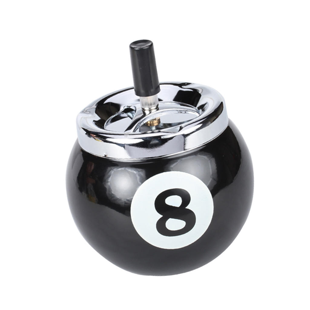 No. 8 Black Billiard Ball Shape Ashtray Push Button Metal 8.89x9.6cm